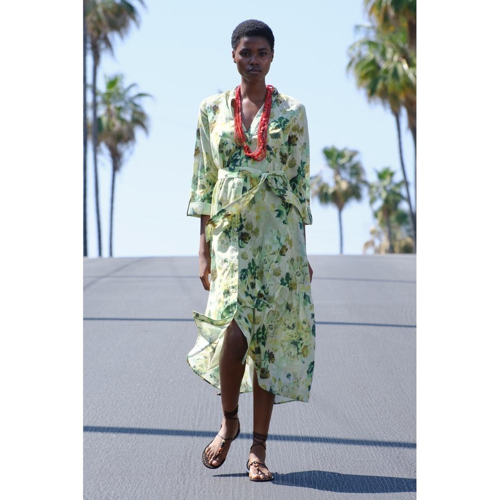 Zara Green Floral Midi Dress with Belt